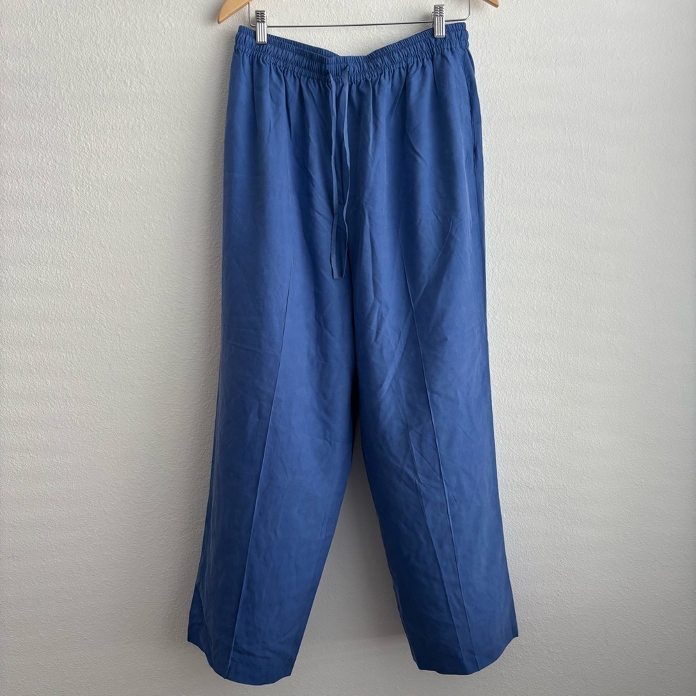 Maggy London 100% Silk Pants Blue Drawstring Straight Leg Relaxed Fit Trousers - Picture 2 of 6